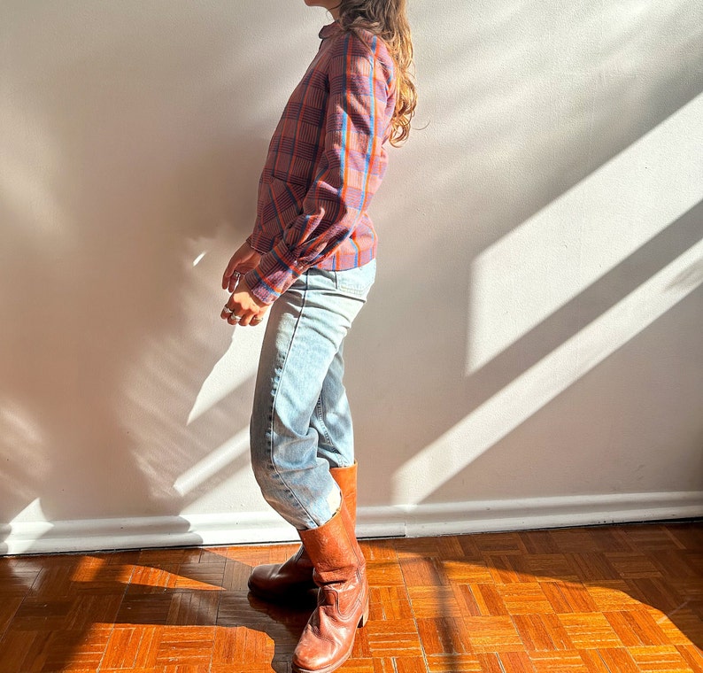 Vintage 1960s wool jacket / blue & orange / ring zipper / mod jacket / checkered / peter pan collar /XS image 2