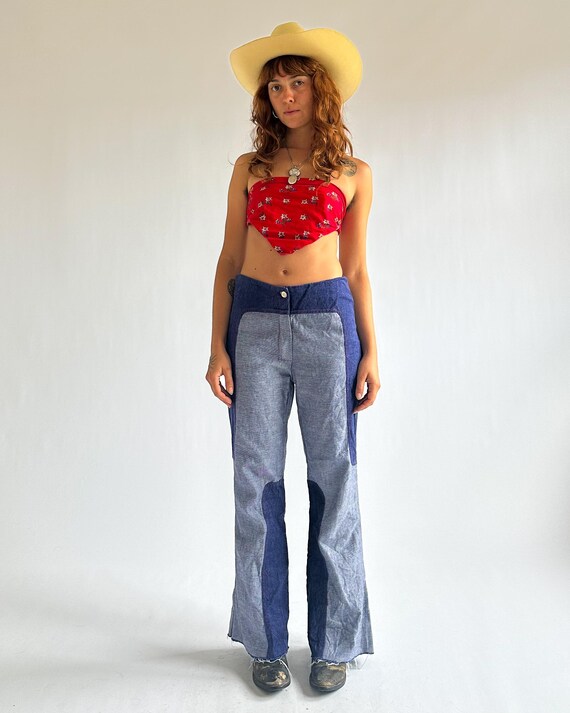 Vintage 1970s Two Tone Patchwork Flared Jeans / B… - image 8