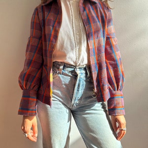 Vintage 1960s wool jacket / blue & orange / ring zipper / mod jacket / checkered / peter pan collar /XS image 7