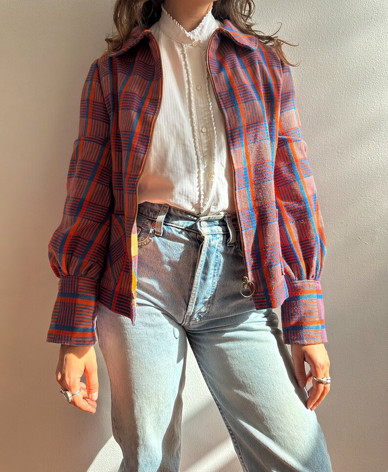 Vintage 1960s wool jacket / blue & orange / ring zipper / mod jacket / checkered / peter pan collar /XS image 7