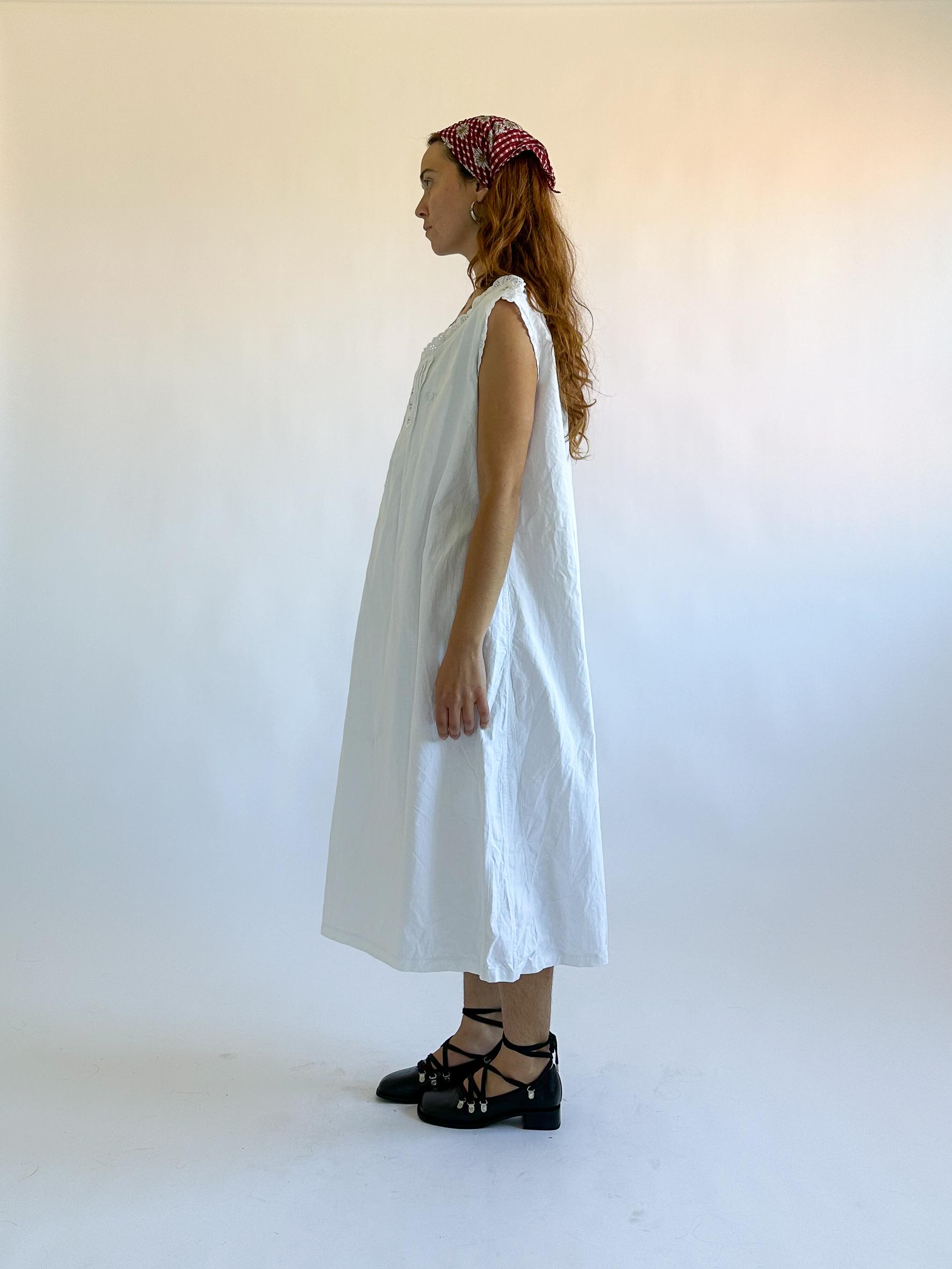 Antique 1890s Edwardian White Cotton Slip Dress / French Broderie 