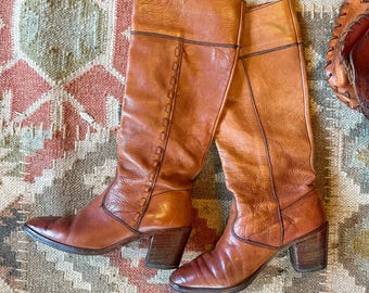 Vintage bruine leren laarzen uit de jaren 70 / western / vierkante neus / EU 37