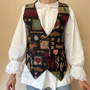 Vintage 1980s tapestry waistcoat / vest / fishing hunting theme / Womens L-XL / USA Northwest image 7