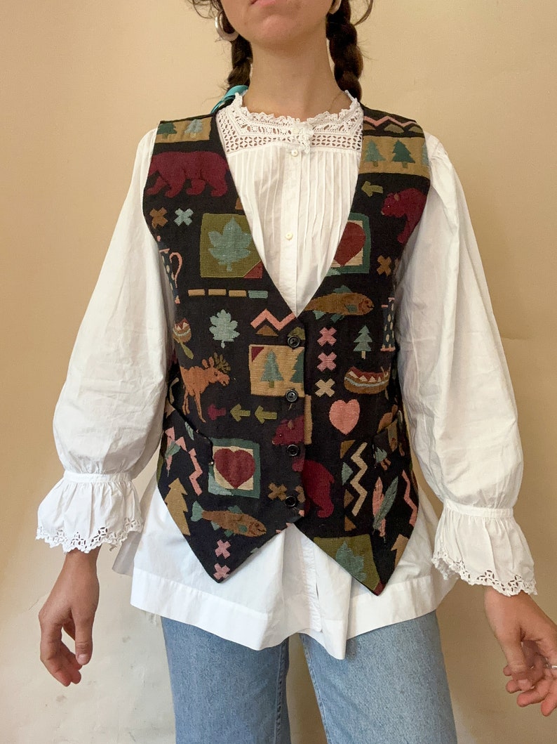 Vintage 1980s tapestry waistcoat / vest / fishing hunting theme / Womens L-XL / USA Northwest image 7