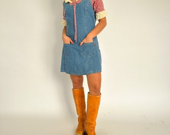 Vintage '90s does '70s mini denim dress / apron style / cottage / bohemian / S-L