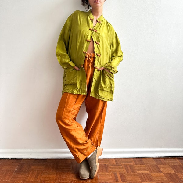 ensemble vintage en soie assorti / veste légère et pantalon / vert et orange / tenue de détente / chinois / M-XXL