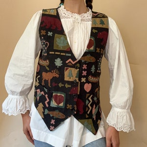 Vintage 1980s tapestry waistcoat / vest / fishing hunting theme / Womens L-XL / USA Northwest image 1
