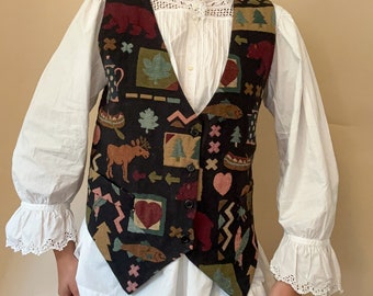 Vintage 1980’s tapestry waistcoat / vest / fishing hunting theme / Women’s L-XL / USA Northwest