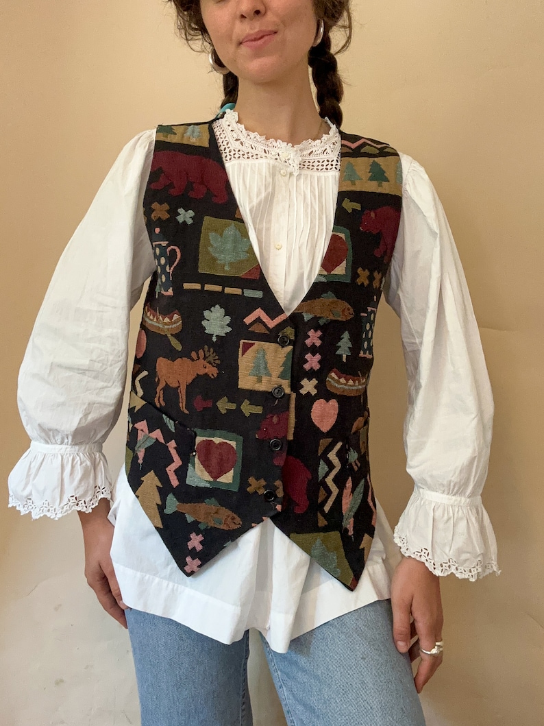 Vintage 1980s tapestry waistcoat / vest / fishing hunting theme / Womens L-XL / USA Northwest image 1