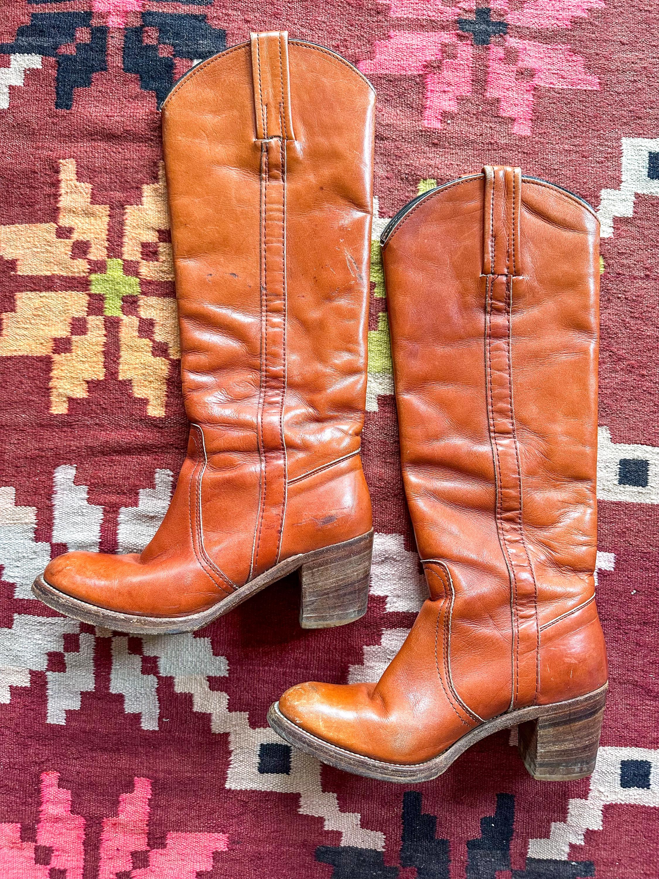 Vintage 1970s Tall Frye Leather Boots / Amber Colour / Made in USA