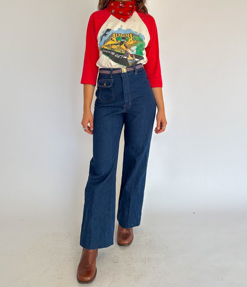 1970s vintage dark wash high rise bootcut jeans / Size S AU 8-10 / '70s image 3
