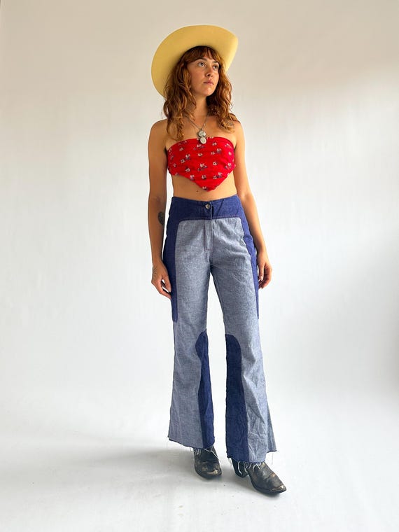Vintage 1970s Two Tone Patchwork Flared Jeans / B… - image 11