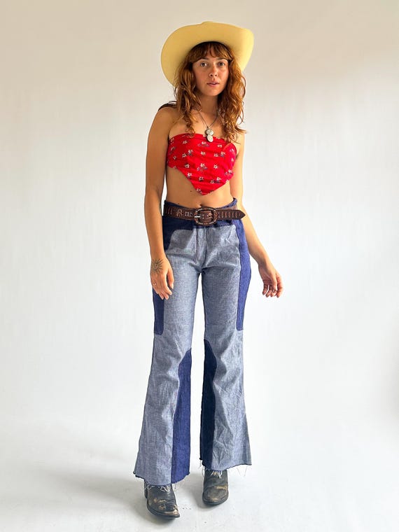 Vintage 1970s Two Tone Patchwork Flared Jeans / B… - image 10