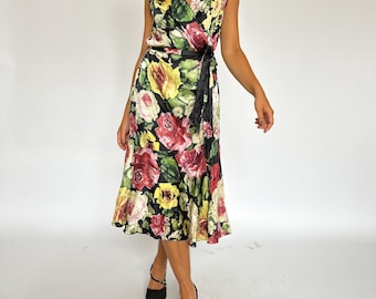 1990s silk blend floral dress / mid length / vintage / romantic / black / XS-M