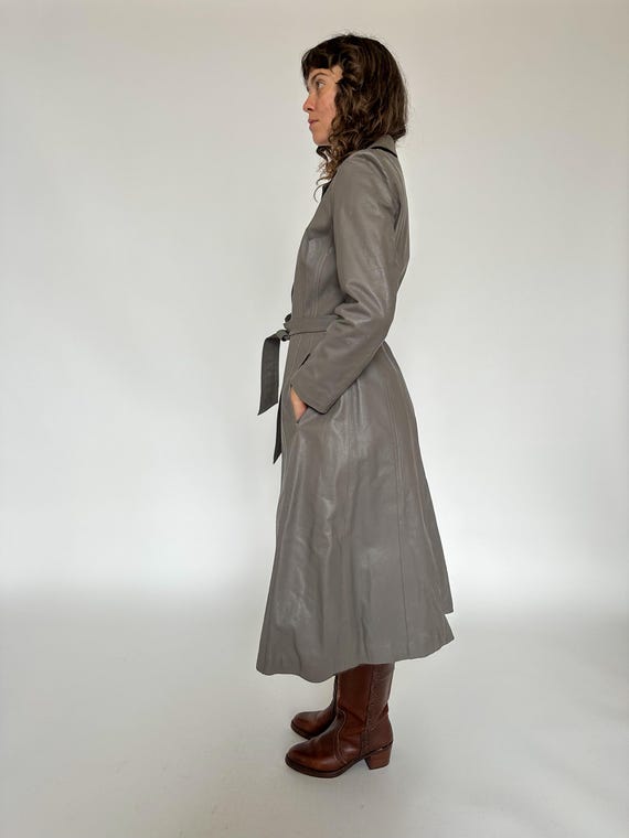Vintage 1960s - 1970s Grey Leather Trench Coat / Maxi Length / XS