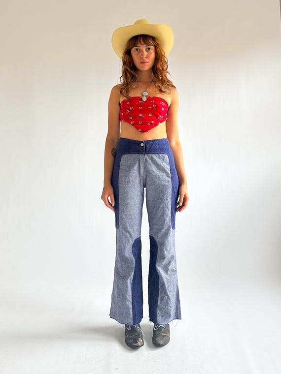 Vintage 1970s Two Tone Patchwork Flared Jeans / B… - image 2