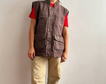 1990s brown moleskin utility vest / chore vest / workwear / fishing hunting vest / heavy cotton