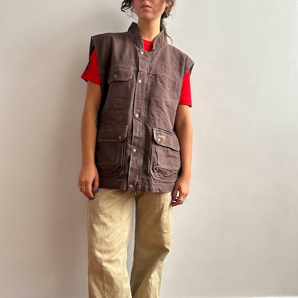 1990s brown moleskin utility vest / chore vest / workwear / fishing hunting vest / heavy cotton