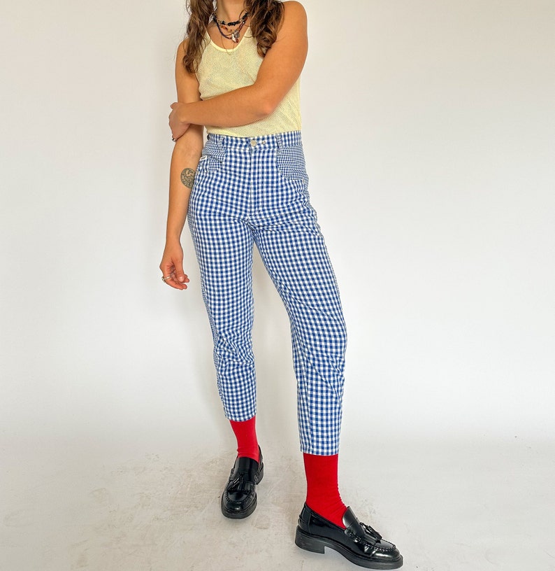 Vintage 1990s cotton gingham pants / blue & white / AU 8-10 image 8