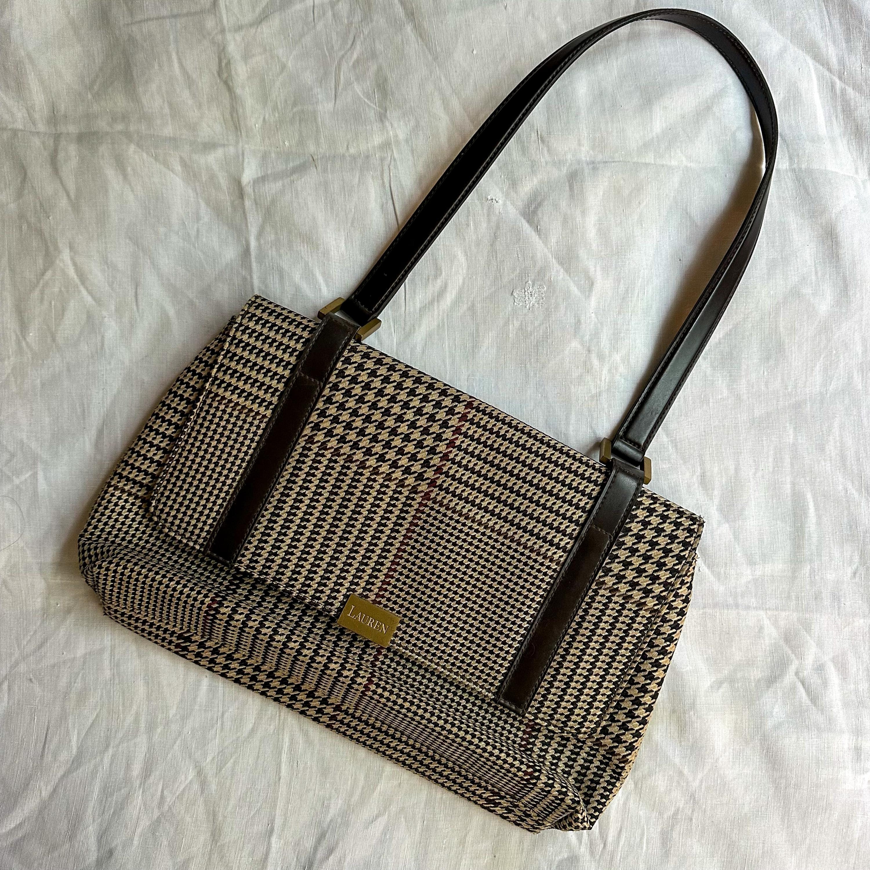 Vintage 1990s Ralph Lauren Handbag / Houndstooth / Cream