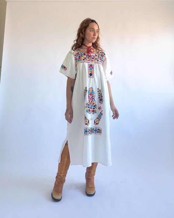 Vintage Mexican Huipil Dress: Hand-embroidered Floral Cotton Midi - Etsy