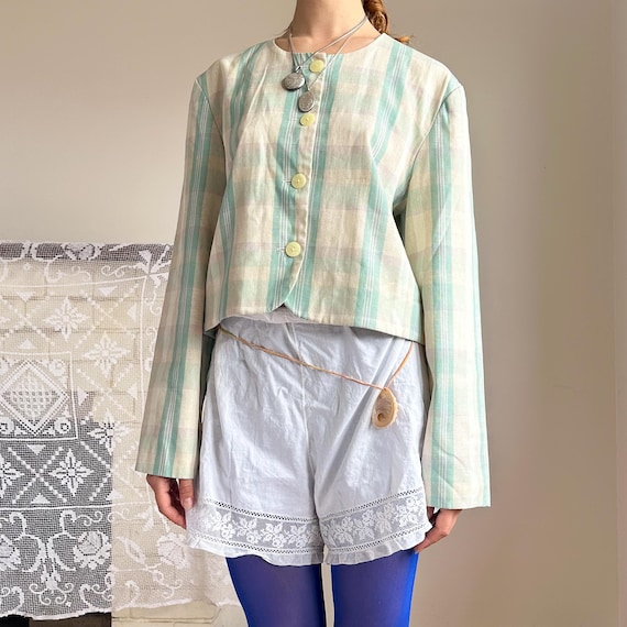 Laura Ashley, Vintage 90s Laura Ashley Plaid Linen Cropped Blazer, M-L