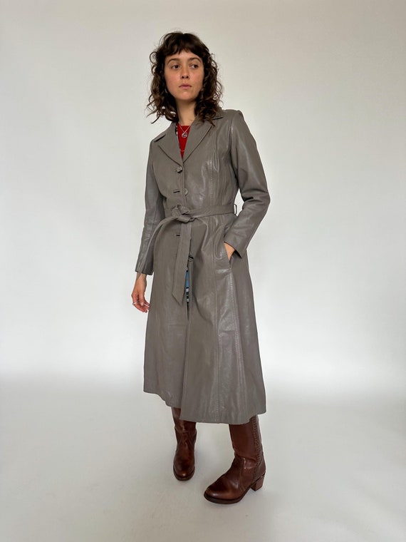 Vintage 1960s - 1970s Grey Leather Trench Coat / Maxi Length