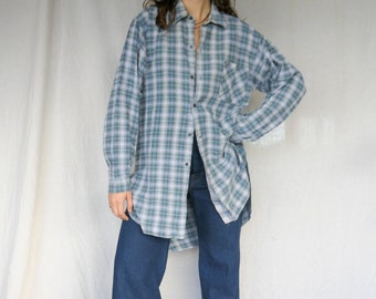 Vintage Blue Long Sleeve Plaid Shirt / Grandpa Shirt / Cotton Flannel / One Size / 1940's Flannel