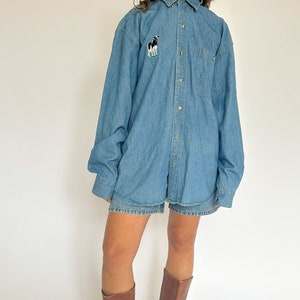 Vintage 1990s Denim button-up shirt / cow patch / Western / Farm / Cowboy / Button up denim shirt image 1