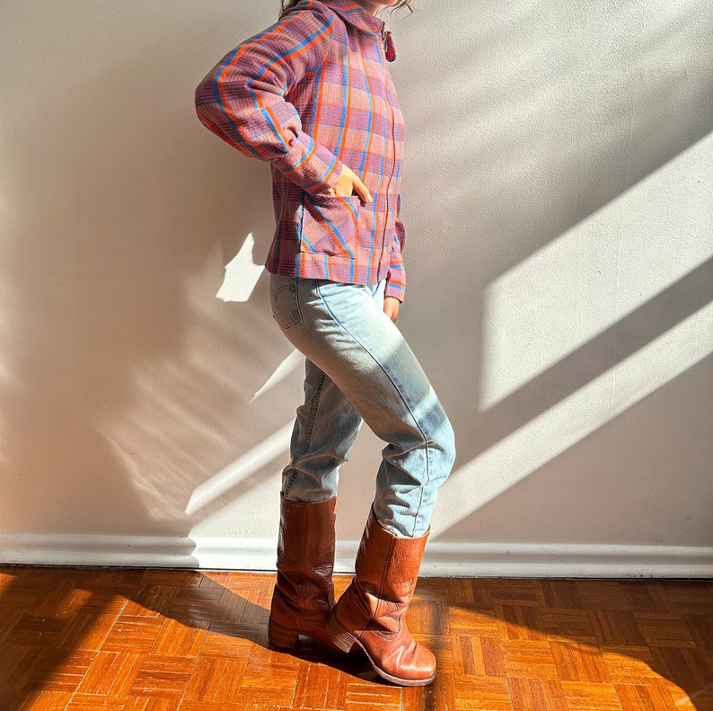 Vintage 1960s wool jacket / blue & orange / ring zipper / mod jacket / checkered / peter pan collar /XS image 3