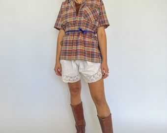 Vintage short sleeve plaid shirt / earthy tones / colorful / grandpa collar