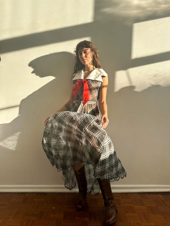 sheer plaid dress Vintage '60s Black and White Sheer Maxi Tartan Dress / Dramatic Collar /  Red Bow / XXS-XS