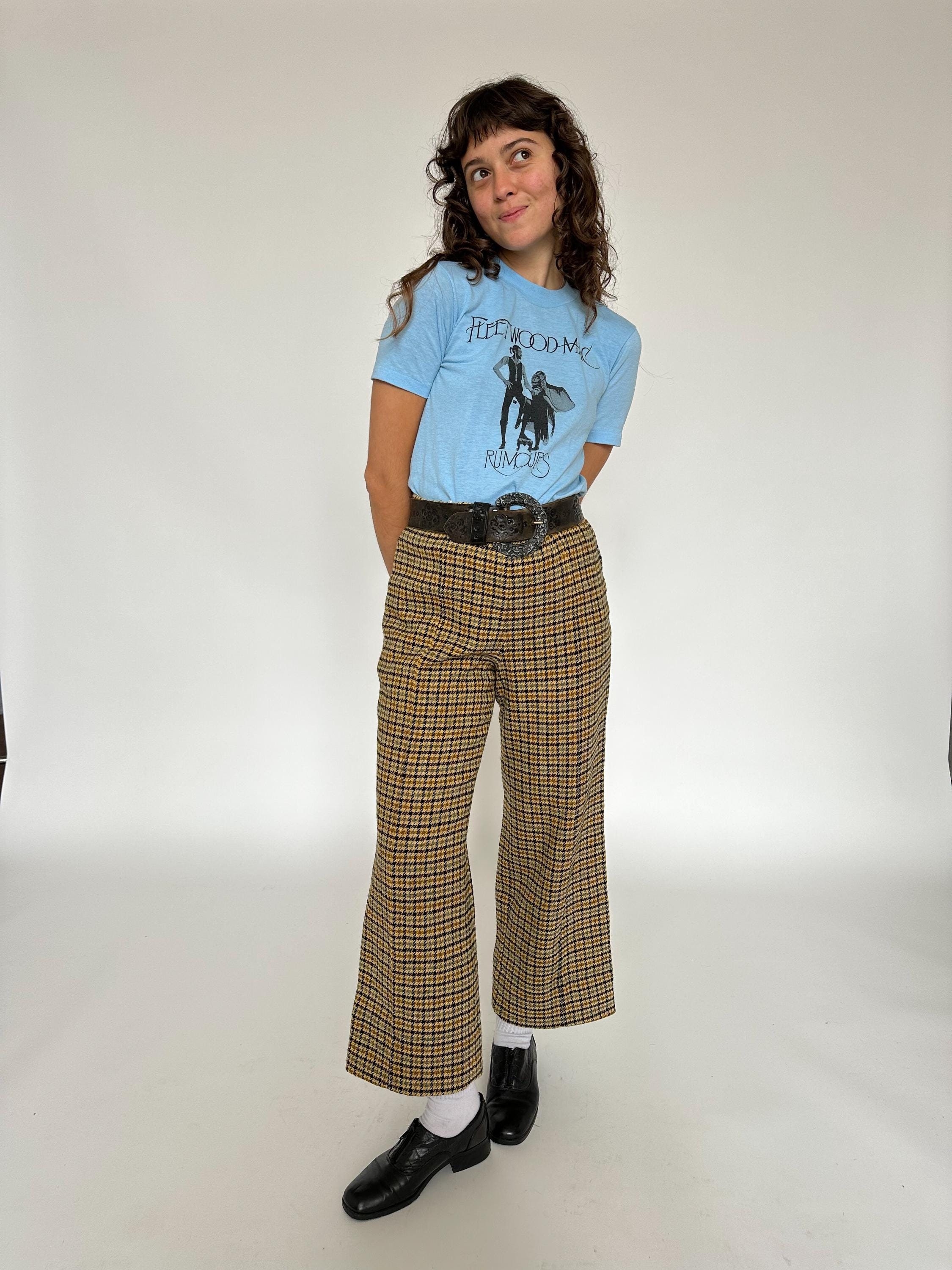 パンツ 70s wool houndtooth slacks Vintage 70s Blue Houndstooth Large 35 Slacks Pants Trousers