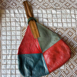 Vintage Patchwork Leather Bag / 1970s or 90s Boho / Red Teal Tan / Slouchy Handbag