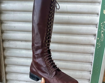 Vintage 1990s dark brown tall lace-up leather boots / 1970s style / Edwardian revival / gothic / AU 7 - 7.5