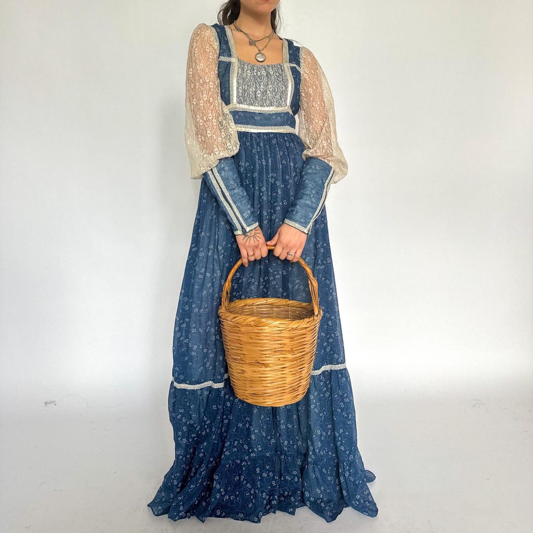 1970s Gunne Sax Prairie Dress: Blue Floral Lace Sleeve Maxi XS-S - Etsy