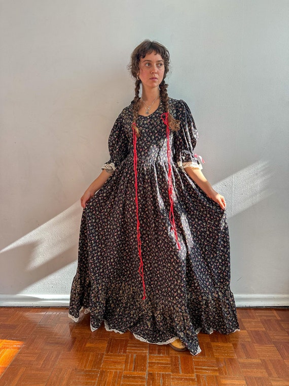 Vintage 1970s maxi Black floral prairie dress / cottage / Bohemian / XS-S Vintage 1970s maxi Black floral prairie dress / cottage / Bohemian / XS-S