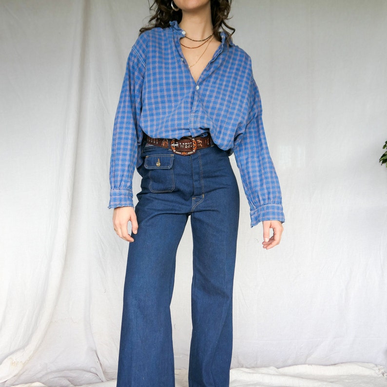 Vintage Vivid Blue and Orange Plaid Grandpa Shirt / Cotton Flannel / One Size / Antique 1930's Flannel / Men's XXL / Women's XXXXL image 1