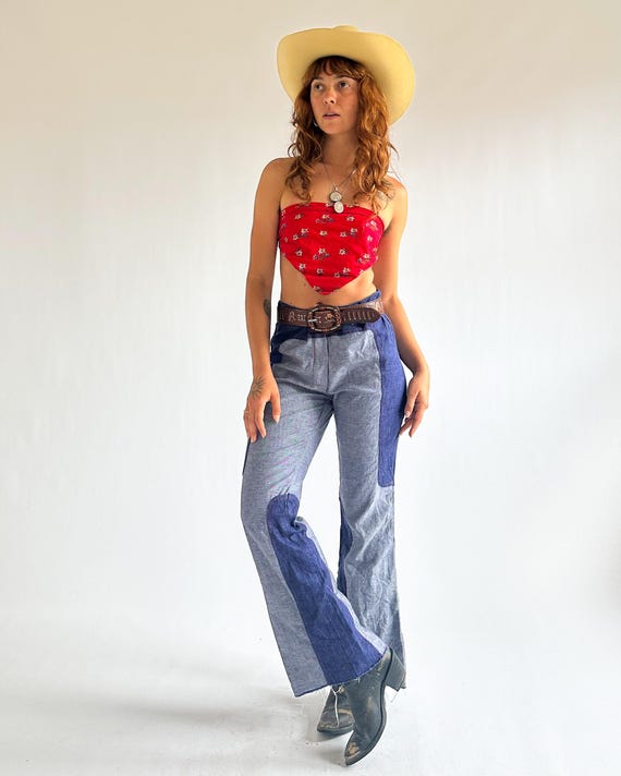 Vintage 1970s Two Tone Patchwork Flared Jeans / B… - image 3