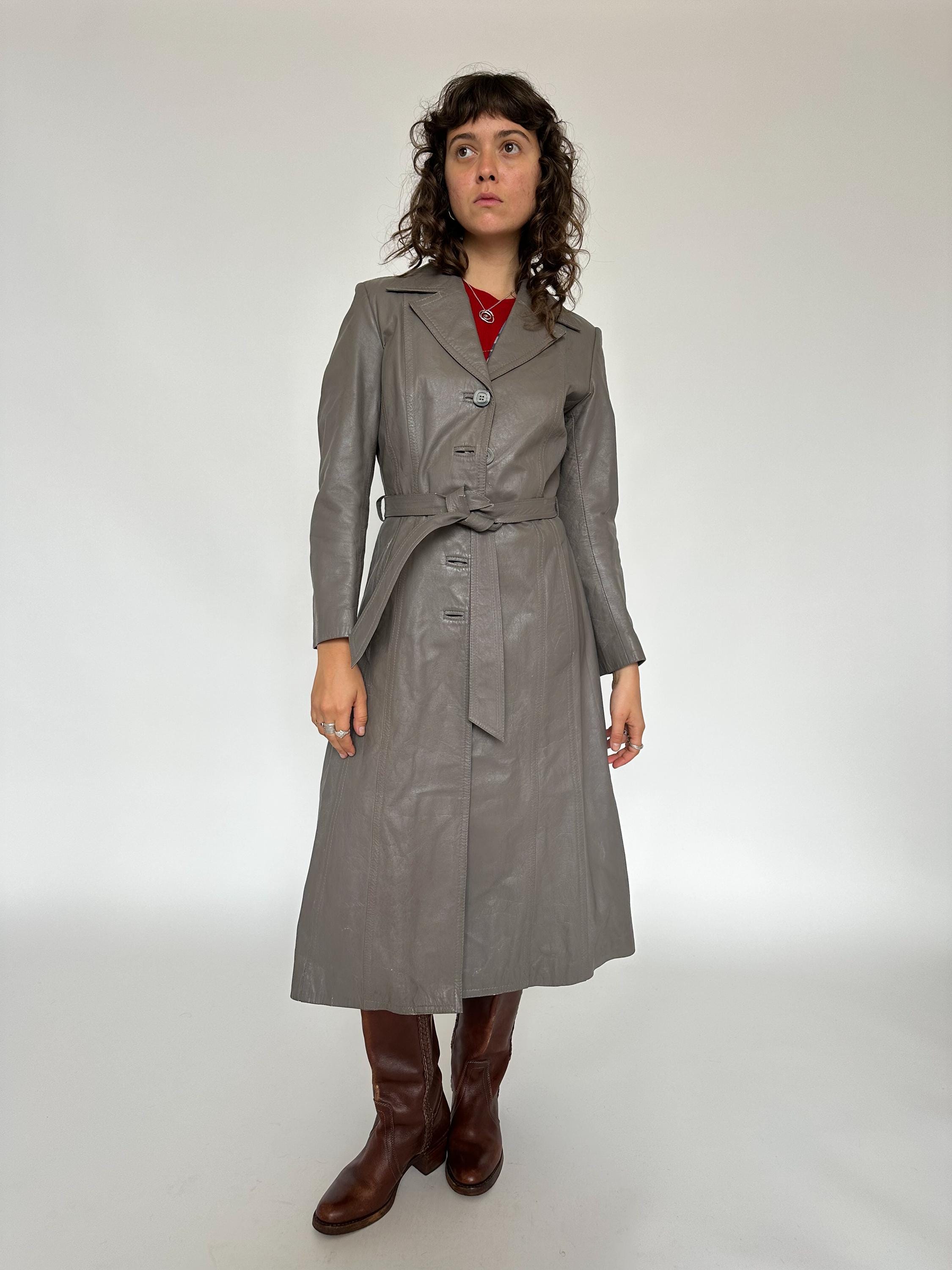 Vintage 1960s - 1970s Grey Leather Trench Coat / Maxi Length / XS 