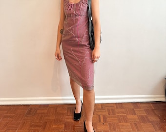 90s dainty slip dress / embroidered / lace up bust / size XS-S