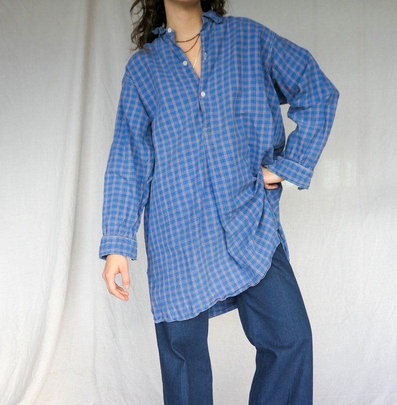 Vintage Vivid Blue and Orange Plaid Grandpa Shirt / Cotton Flannel / One Size / Antique 1930's Flannel / Men's XXL / Women's XXXXL image 6