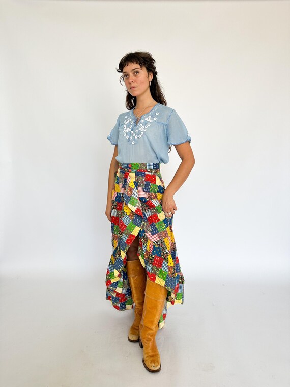 Vintage 1970s colourful Bohemian ruffle front slit sk… - Gem