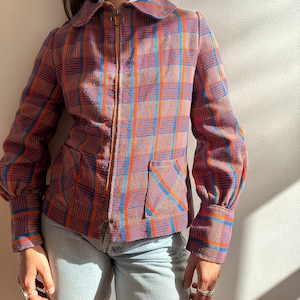 Vintage 1960s wool jacket / blue & orange / ring zipper / mod jacket / checkered / peter pan collar /XS image 6