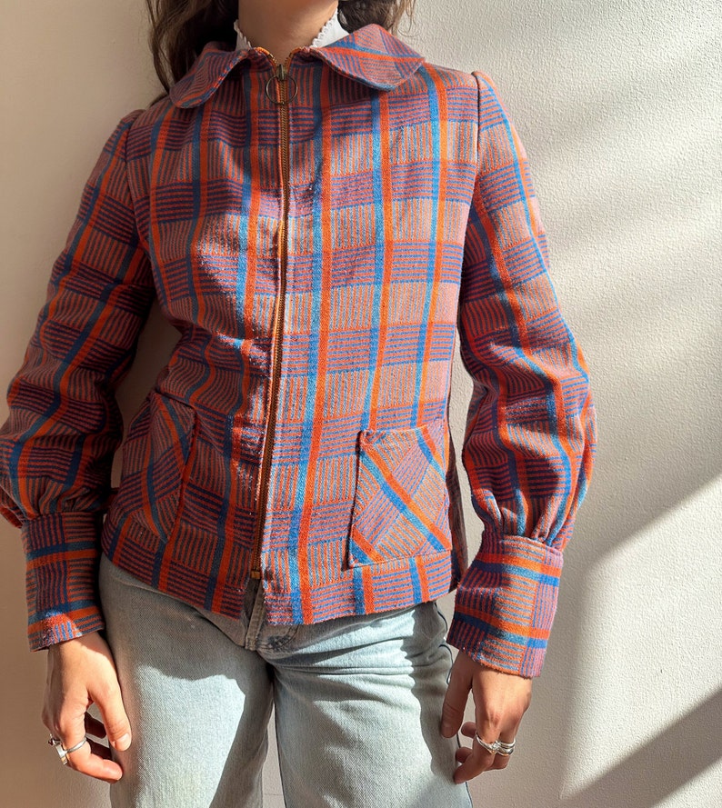 Vintage 1960s wool jacket / blue & orange / ring zipper / mod jacket / checkered / peter pan collar /XS image 6