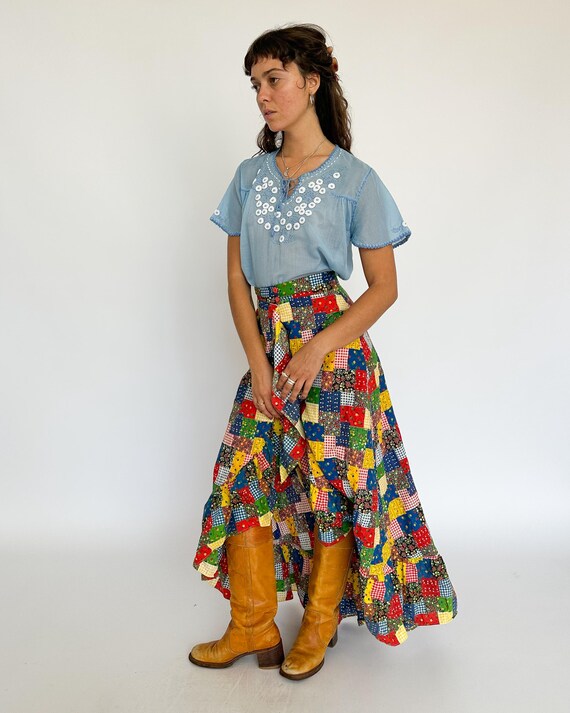 Vintage 1970s colourful Bohemian ruffle front slit sk… - Gem
