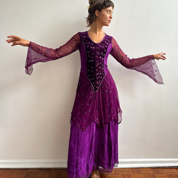 Vintage 1990s witchy dress / Bohemian / Whimsygoth / purple / sequin / embroidery / mesh / angel sleeves / XS-S