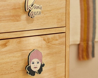 Personalized wood cabinet knobs for kids, portrait drawer knobs & pulls, name dresser pull, custom cabinet handles, handmade