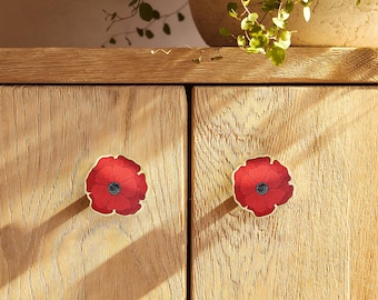 Perillas de madera de amapola roja hechas a mano para gabinetes: tiradores y manijas florales para cajones de tocador