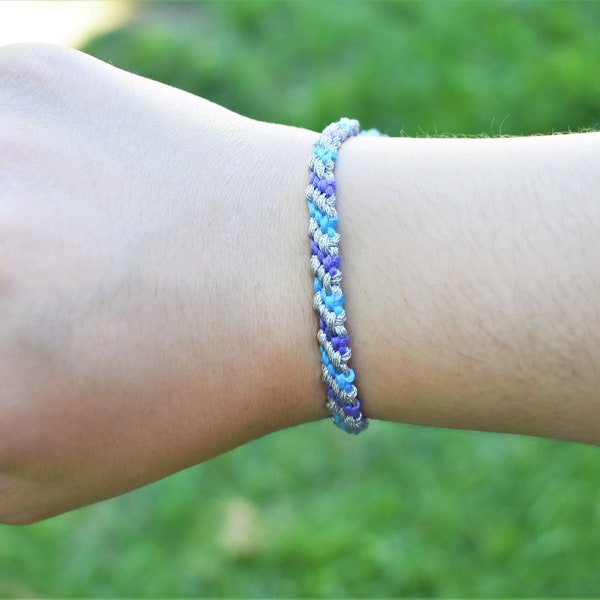 Blue, Purple, and Silver Candy Stripe Friendship Bracelet (Darker) - Gift For Kids and Teens - Summer Jewelry